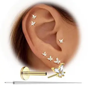 MILACOLATO 20G Threadless Flat Back Earrings Studs Hypoallergenic 316L Surgical Steel Push in Nose Rings 14K Gold Plated Nose Rings Studs Tragus Medusa Helix Labret Lip Nostril Cartilage Piercing Jewelry