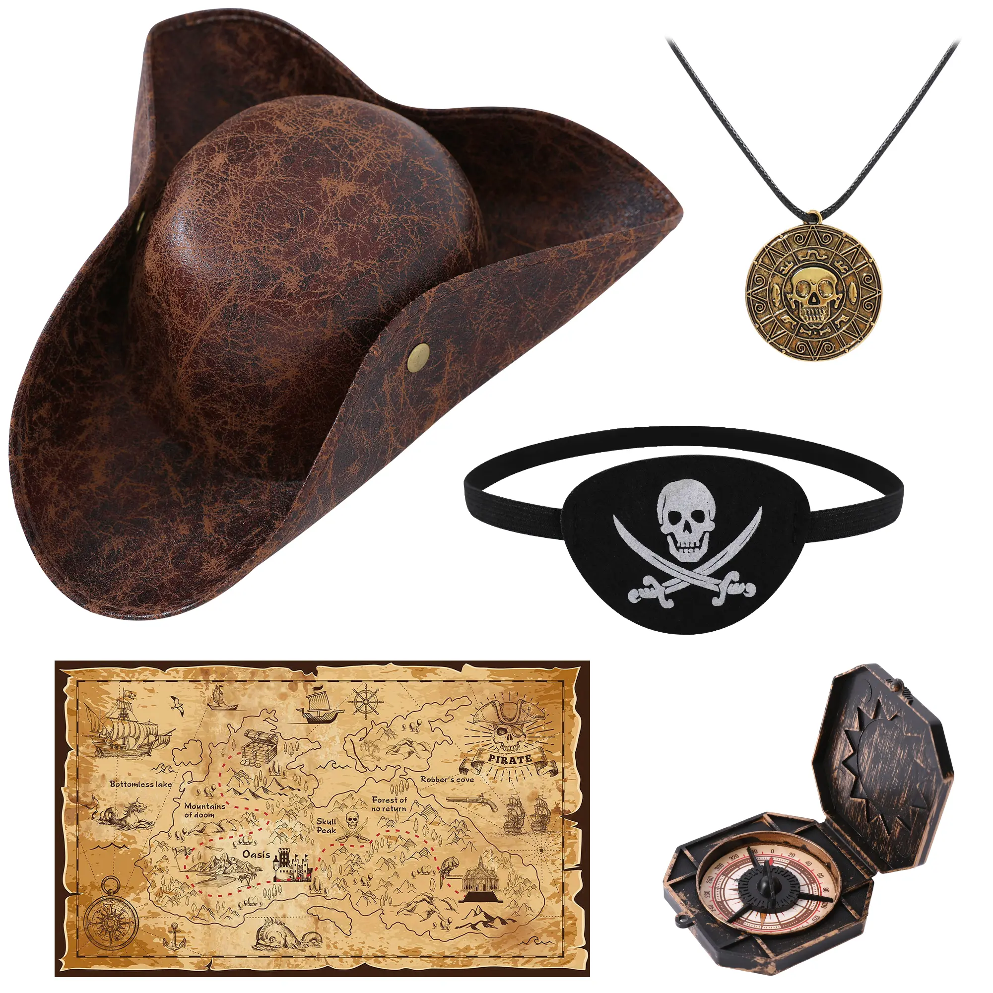 Adult Pirate Costume Accessories Set, Men Women Pirate Kit, Faux Leather Pirate Hat, Skull Eyepatch, Treasure Map, Vintage Compass and Skull Coin Necklace for Halloween Cosplay Party