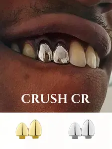 CRUSH CR 1pc 18K Gold Plated Double Bold Vampire Fang Single Tooth Cap Grillz for Men Women,High-Gloss Polished Finish, Hypoallergenic Removable Grillz, Perfect for Hip Hop Concerts, Music Festivals, Club Nights Urban Street Style