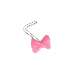 Pink Bow L-Bend Nose Stud - 316L Stainless Steel