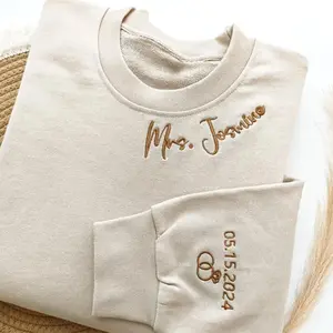 Custom Mrs. Embroidered Sweatshirt, Personalized Future Bride Crewneck,Wedding Date & Rings on Sleeve, Bride To Be Gift, Wife Name Sweater