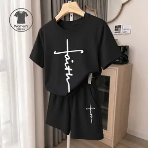 Women's Belief Graphic Short Sleeve T-Shirt And Shorts Set, Casual Summer Two-Piece Outfit With Crew Neck Top And Drawstring Waist Shorts For Daily Wear