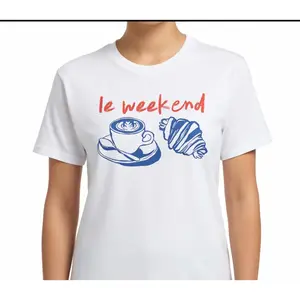 Le Weekend Coffee & Croissant T-Shirt, French Retro Aesthetic Graphic Tee, Vintage Style Weekending Short Sleeve Apparel, Aesthetic Parisian Lifestyle & Brunch Lover Gift Fashion Top, Viral Trendy French Pastry Statement Streetwear Crew Neck