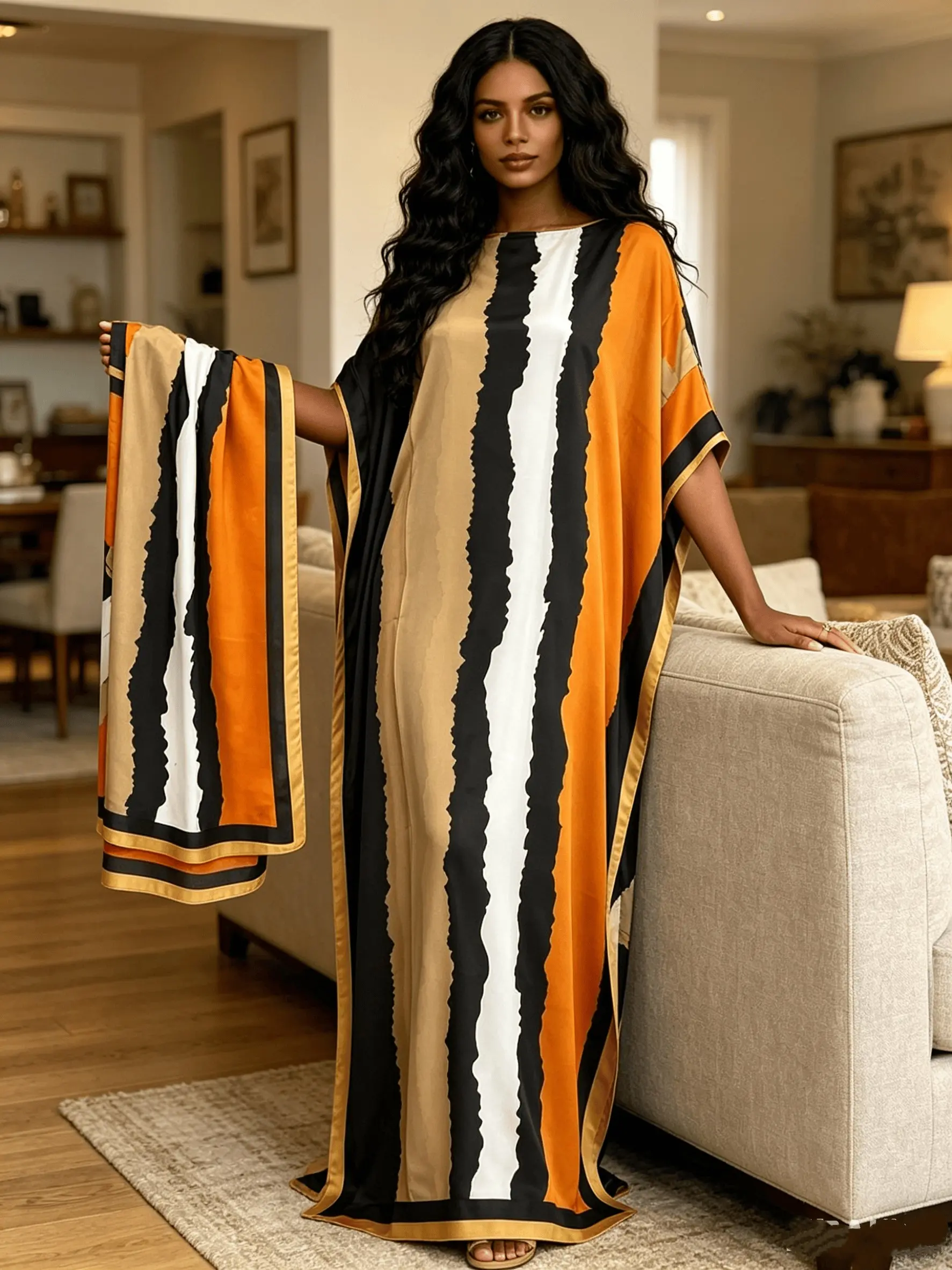 2026 New Women's 2 Piece Boho Elegance Style Orange & Black Abstract Stripe Print Kaftan Maxi Dress with Matching Scarf, Silky Smooth Loose Satin Robe, Plus Size Friendly, Versatile Casual Summer Beach Cover Up, Resort Vacation & Evening Party Wear