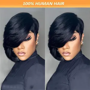 Elegant 8" Pixie Cut Wig for Women - 180% Density, Glueless wig Hair with Long Bangs, Straight Black, Everyday Style Wig|       Sleek Short Wig|       Glueless Wig, Wig Accessories