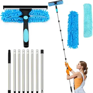 3.1m Long Reach Window Cleaning Equipment, 3-In-1 Telescopic Cleaner, 270° Rotating Squeegee, 8 Extendable Poles for Indoors & Outdoors