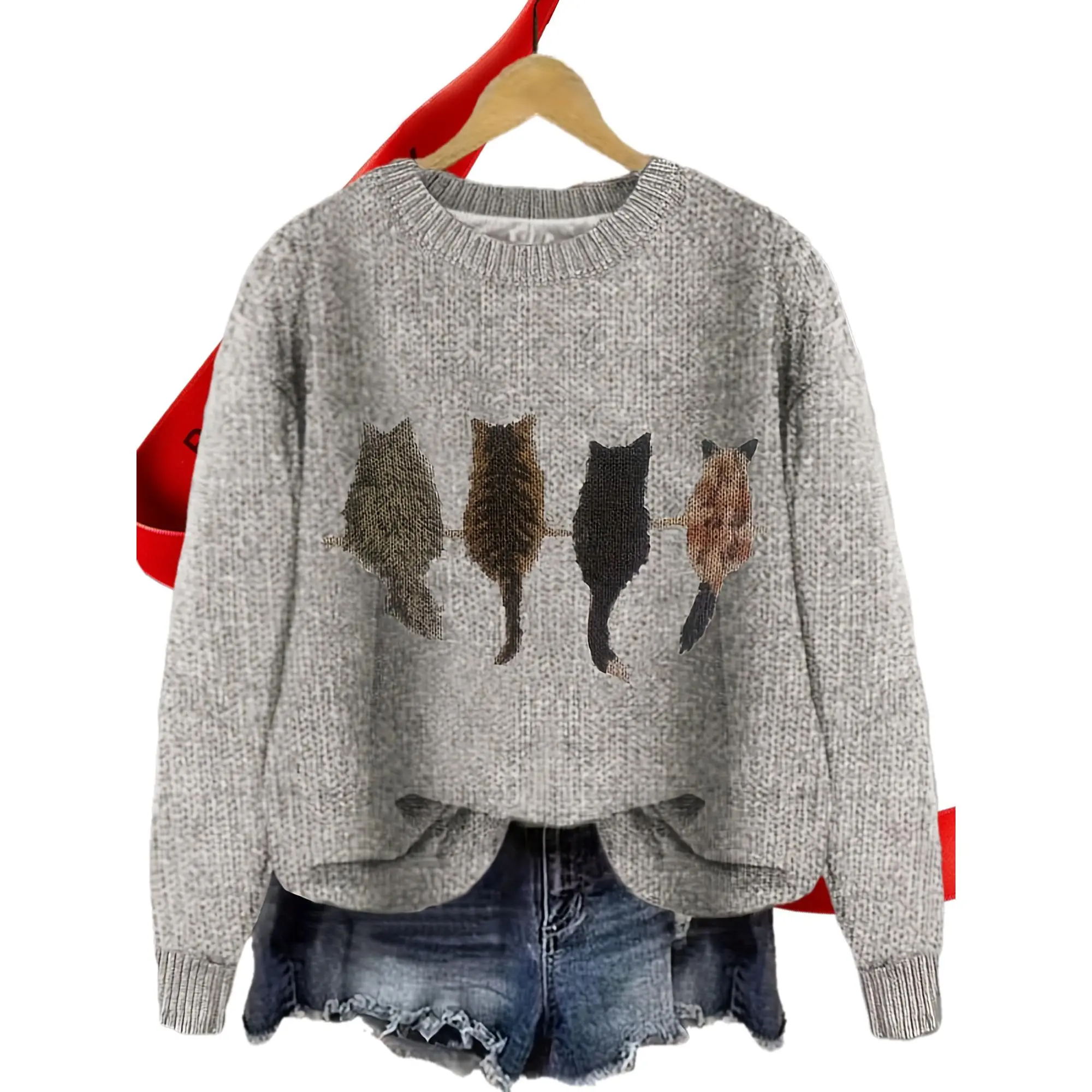 Women'S Cozy Cable Sweater with Playful Cat Print - Beige & Brown, Loose Fit, Long Sleeve, Round Neck, Casual Fall/Winter Top, Casual Winter Wear | Playful Cat Design | Construction, Cat Sweater