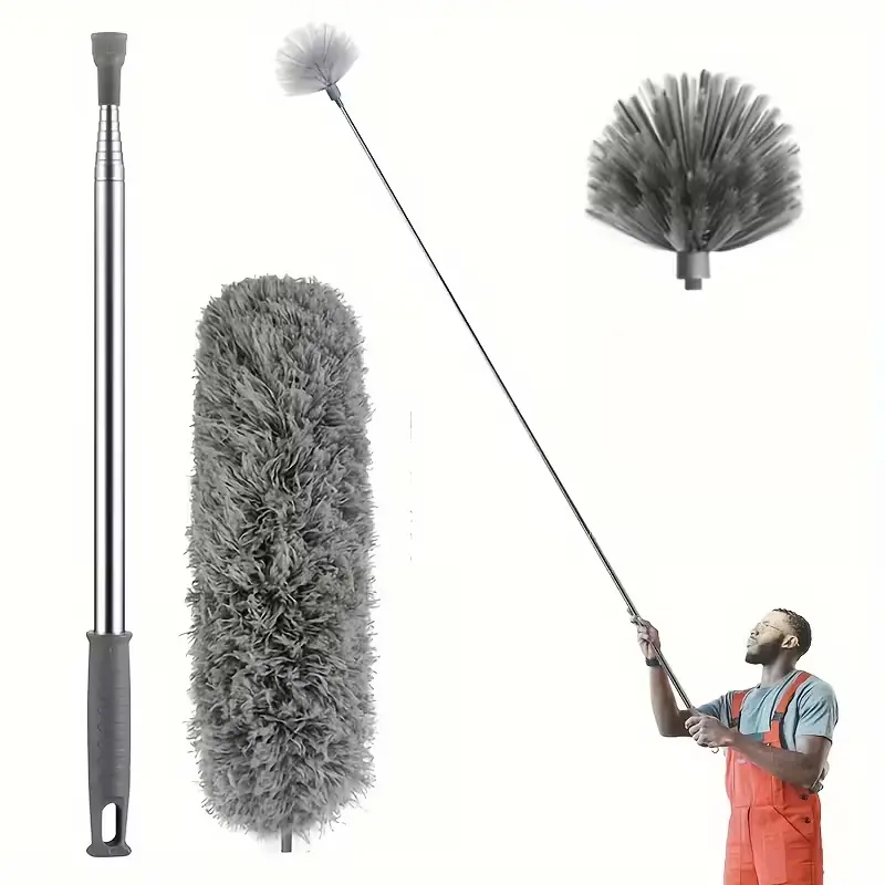 Extendable Spider Web Dust Collector with Lightweight Aluminum Pole - Microfiber Ceiling Fan Duster, Dusters for Cleaning, Cleaning Supply, Stainless Steel Handle, Medium Hardness Bristles, Suitable for Commercial Cleaning