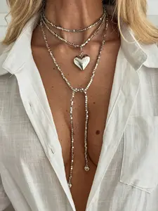 Crushed Galaxy Sparkling Heart Choker Necklace, Sweet Cool Long Layered Pendant, Geometric Zinc Alloy Jewelry for All Seasons