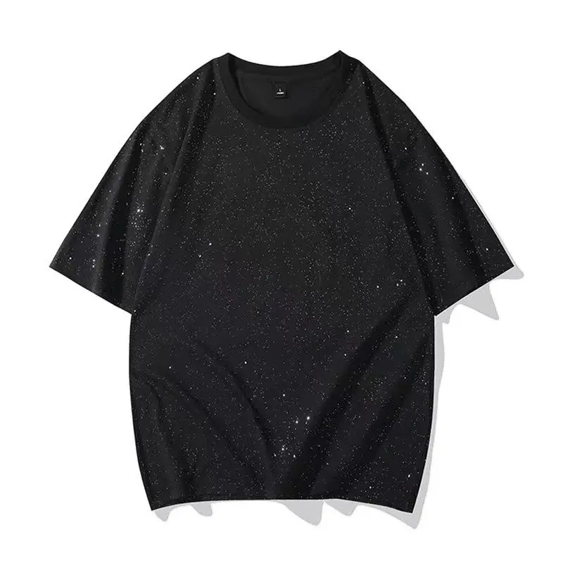 Gypsophila Black Starry Sky Rhinestone Short Sleeve Cool Trendy Brand T-Shirt Elegant Half Sleeve Tee Unisex Couple Style Short Sleeve Casual Clothes