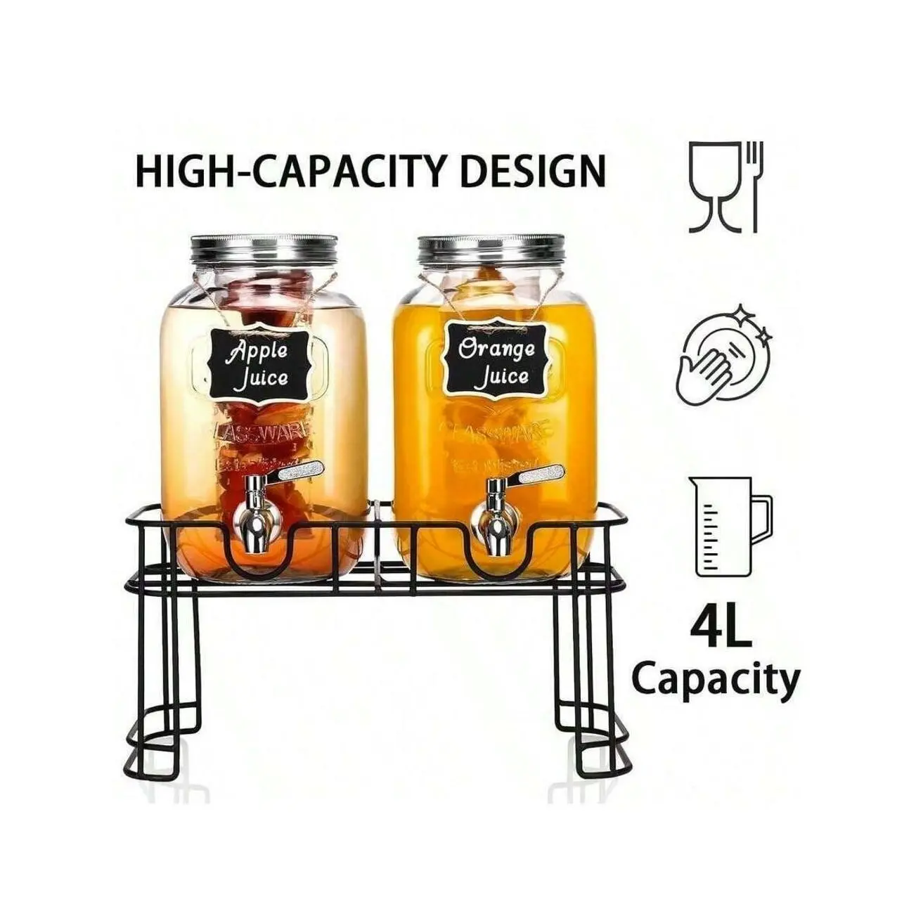 1 Gallon Glass Drink Dispenser Set, 2 Pack with Stainless Steel Spigot and Metal Stand for Parties, Weddings, and Home Beverage Serving