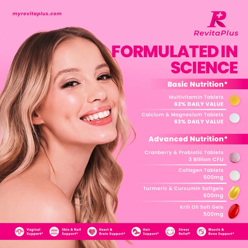 RevitaPlus Beautypack Women’s Daily Supplement |  Multivitamin, Calcium, Magnesium, Cranberry, Probiotics, Turmeric, Collagen, Krill Oil | Skin, Hair, Anti-aging & Stress Support  | 30-Day Wellness Pack Dietary Collagen