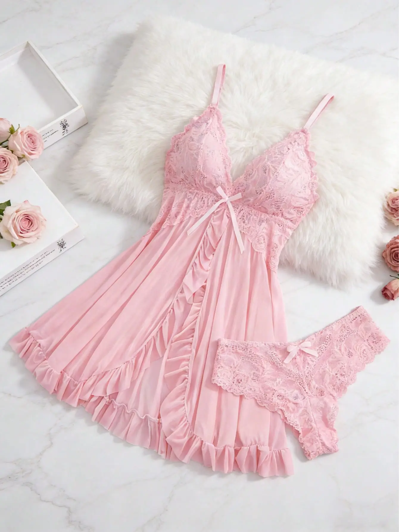 Women's 2 Pcs Babydoll Nightdress Set - Red Contrast Lace Lingerie with Thong, Backless V-Neck, Ruffled Hem, Bow Decor, Girly Feminine Items for Valentine's Day, Baby Doll Aesthetic Nightwear & Loungewear, Cute, Teddy, Elegant