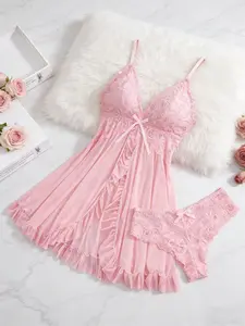 Women's Babydoll Nightdress Set, Red Contrast Lace Lingerie with Thong, Backless V-Neck with Ruffled Hem and Bow Decor, Nightwear, Loungewear