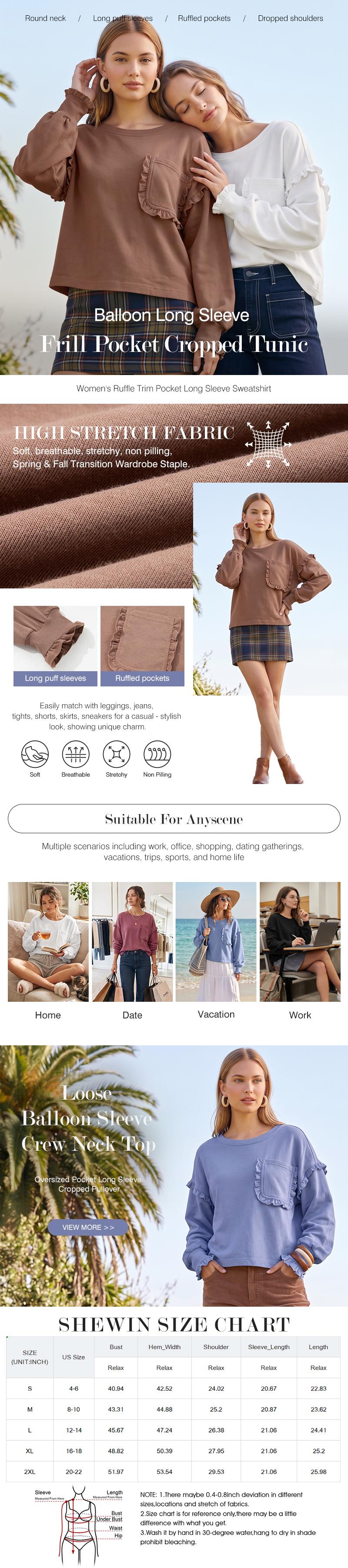 Shewin Women's Polyester Sweatshirt, Round Neck, Ruffle Trim, Long Sleeve, Flounce Pocket, Baggy Oversize Loose Everyday Casual Pullover with Soft Fabric,clothes for back to school,first day of school outfits
