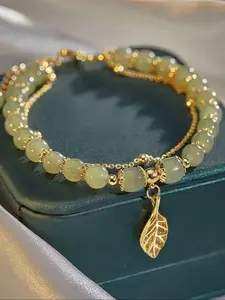 Elegant Jadeite Ladies Bracelet, Leaf Design Wristband Bangle, Dual Chain Bracelet, Exquisite Bracelet, High Quality Bracelet, Perfect Gift for Girls