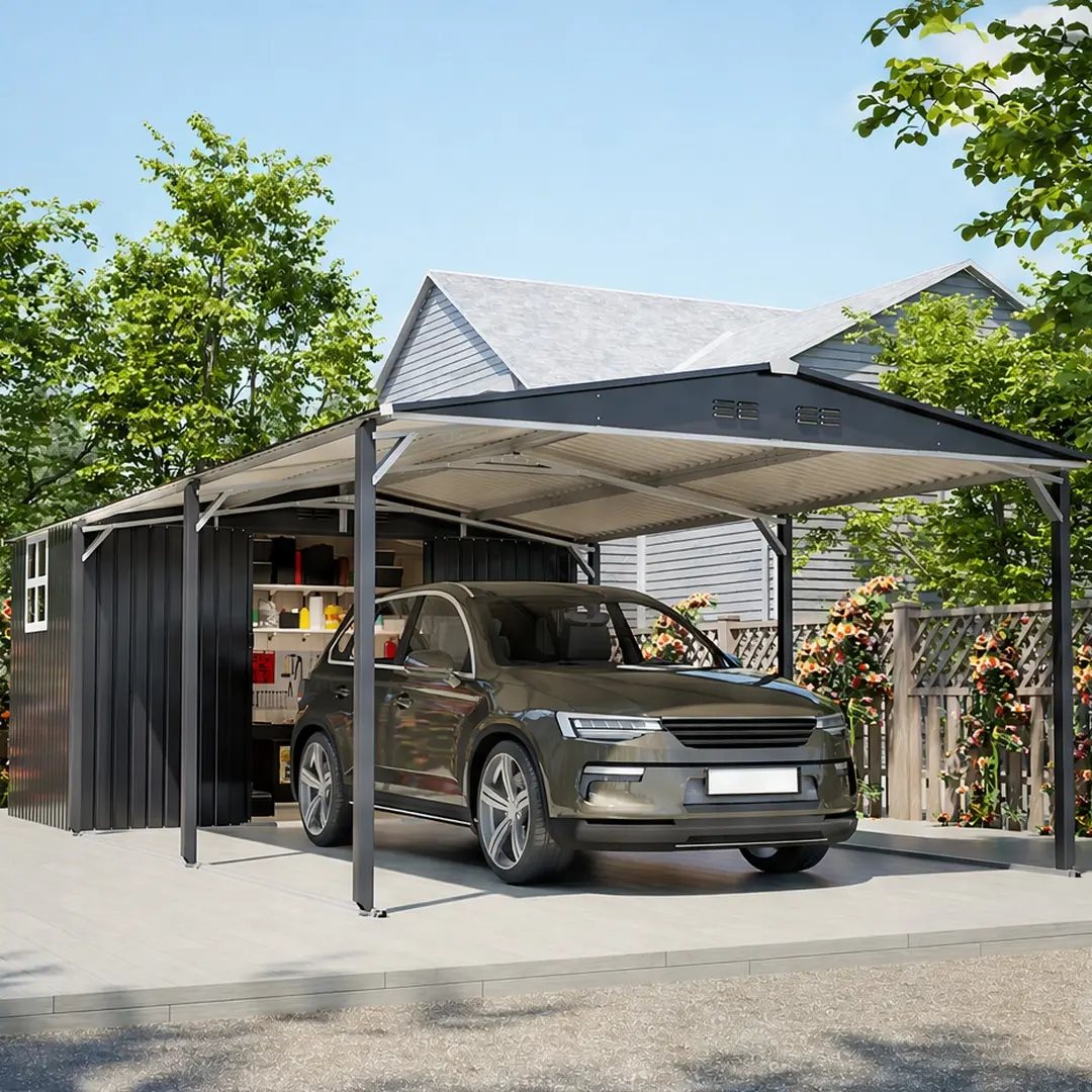 ARCH Heavy Duty Metal Carport Shelter - 12'x23ft Steel 2in1 Car+Shed, 12'x17' Garage with 1.6in Steel Frame, Sliding Door, UV Panel, Waterproof Sloped Roof, 142.50w x276.00d x89.00h in, 406.46lb Gray Equipment Storage, Vehicle