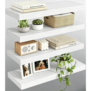 White Shelves for Wall, 15.8in Rustic Wood Finish Floating Wall Shelves Set of 4, Shelves for Wall Decor, with Invisible Brackets for Bathroom, Living Room,Bedroom and Kitchen
