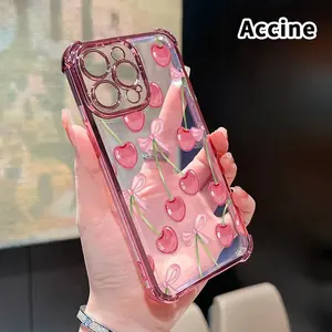 Transparent Electroplated TPU Smartphone Case, 4-Corner Anti-Fall Cherry Bows Design, Shockproof Mobile Phone Protection Cover, Handheld Accessory for iPhone 17, 16 Pro Max, 15 Plus, 14, 13, 12, 11, SE, Accessories