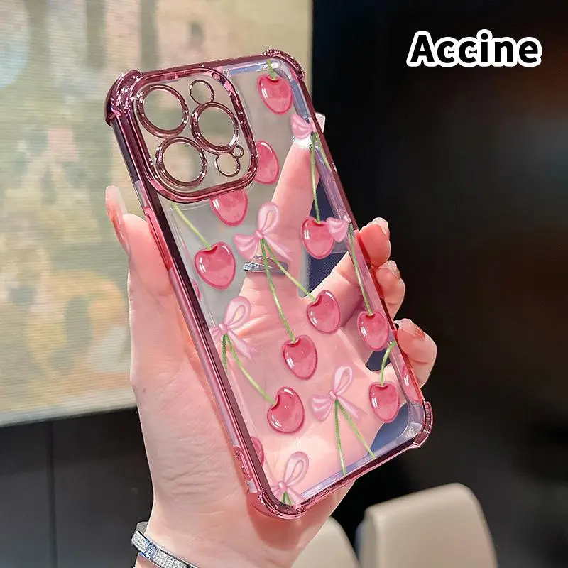 Transparent Electroplated TPU Smartphone Case with 4-Corner Anti-Fall Cherry Bows Design, Shockproof Mobile Phone Protection Cover, Handheld Accessory for iPhone 17,16 Pro Max,15 Plus,14,13,12,11,SE, Accessories summerwins