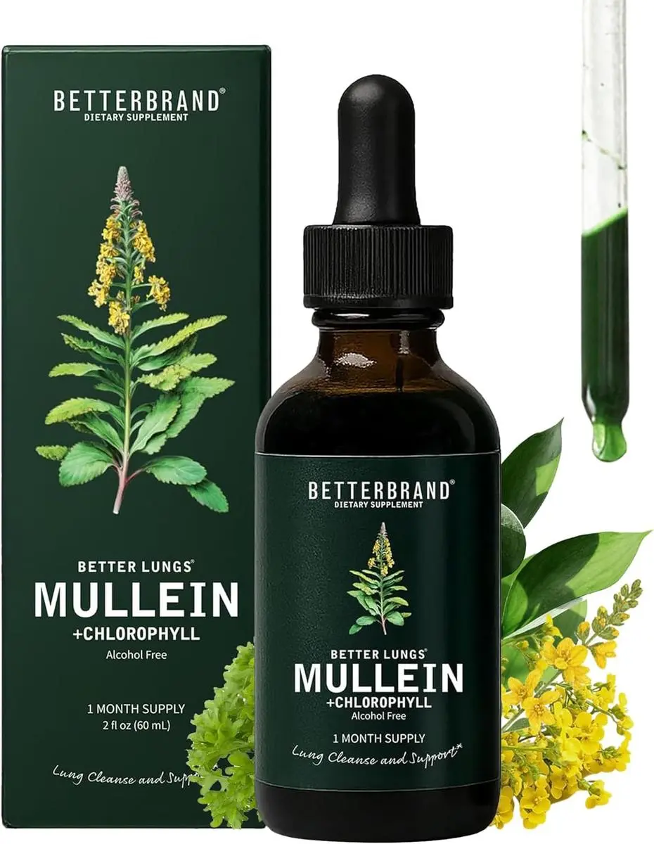 Betterbrand Mullein Drops for Lung Detox - Mullein Leaf Tincture with Chlorophyll - Helps Support Respiratory Health, Alcohol-Free, 1 Month Supply - 60ml
