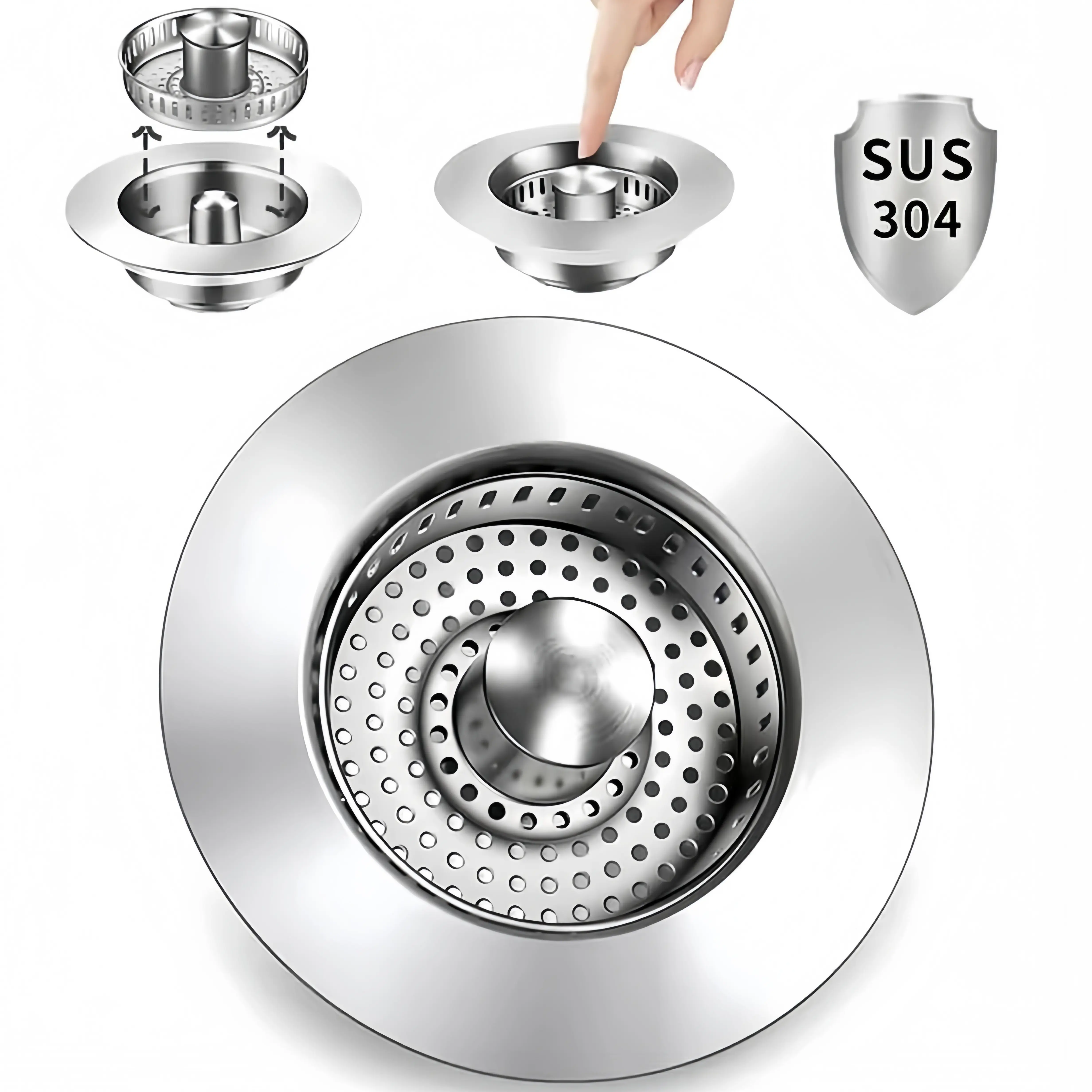 3-1/2 Inch Premium Stainless Steel Kitchen Sink Drain Plug, Universal Compatibility, Pressing Design, Anti-Clog Round Basket Food Collector