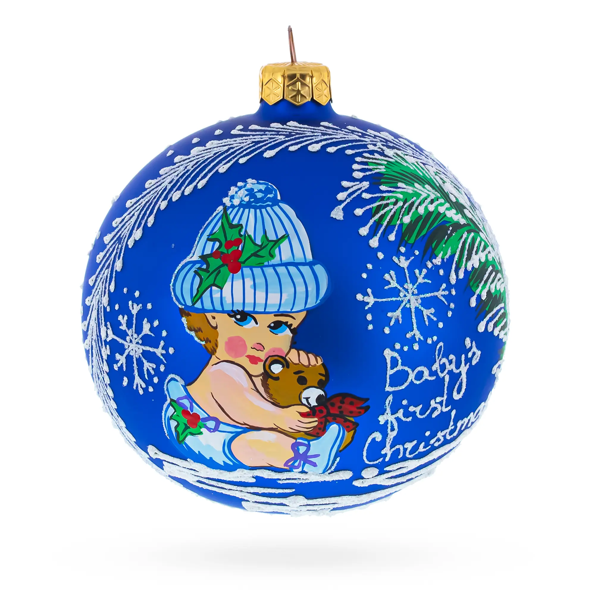 Adorable Girl Hugging Teddy Bear Blown Glass Ball Baby's First Christmas Ornament 4 Inches