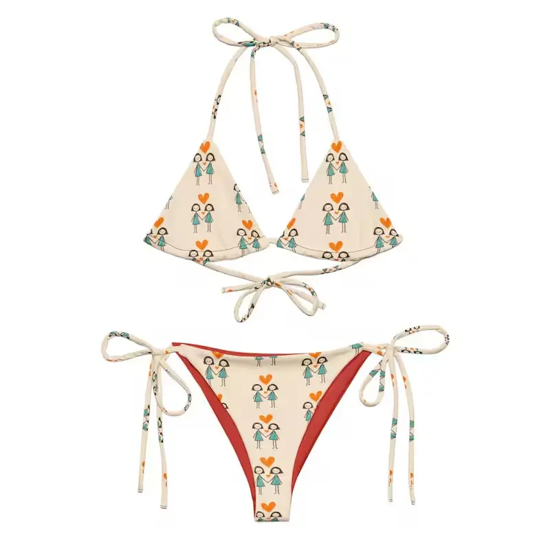 Women Cute Lesbian Couple Heart Print Bikini Set Triangle Halter Top Tie Side Bottom LGBTQ Pride Beach Summer Pool Party Vacation Kawaii Aesthetic Swimwear Comfy 2 Piece
