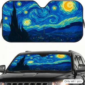 V-Van Gogh's Starry Night Sun Visor Reusable Aluminum Foil UV Protector Heat Five-Layer Insulation Windshield Sunshades Keeps Car Cool Protects Dashboard Foldable Fits Most Vehicles SUV Truck