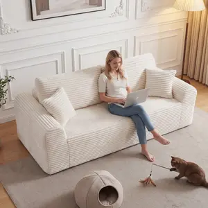 3-Seat Corduroy Couch, Modern Compact Loveseat with Fixed Arms, Plush Texture, Comfy Deep Boneless Seat and 2 Pillows, Indoor Furniture for Living Room (White, 86.6" Width), Three Seats
