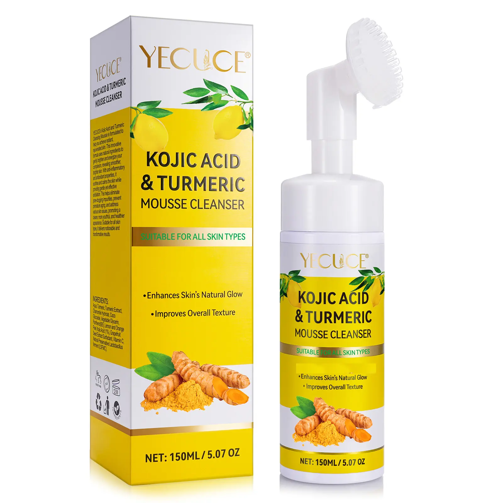 Yecuce Kojic Acid& Turmeric Mousse Cleanser, Gentle Face Wash for Acne-Prone Skin, Oil-Free (150ml) Facial Skincare