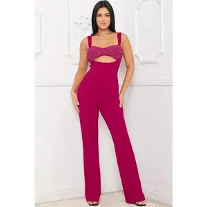 SELENA RHINESTONE BUST DETAIL CUTOUT FUSHIA JUMPSUIT Fabric Fit Light Polyester
