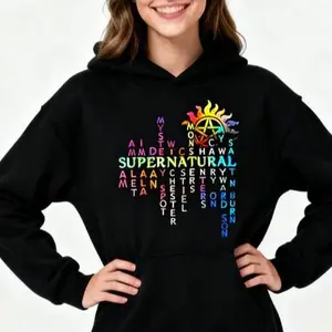 Women's Supernatural TV Show Graphic Hoodies Unisex Sweatshirt Black Pullover with Colorful Supernatural Symbols Casual Fan Apparel  Everyday Convention Wear, Comtable Fit Round Neck Printed Hoodie for Women Men Girls Adults Size S M--3XL