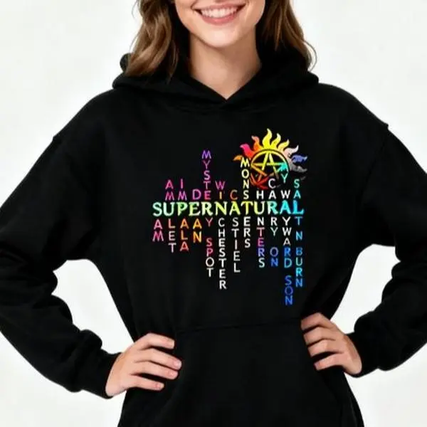 Supernatural Graphic Hoodie for Men & Women, Casual Long Sleeve Pullover in 100% Cotton Knit Fabric, Tops, Crew Neck