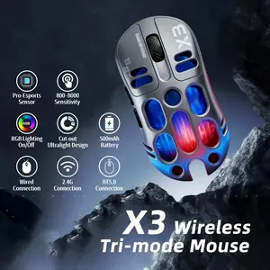T-WOLF X3 Ultralight 3-Mode Gaming Mouse – Honeycomb Shell, Fast Response Sensor, Rechargeable RGB – Dark Gray