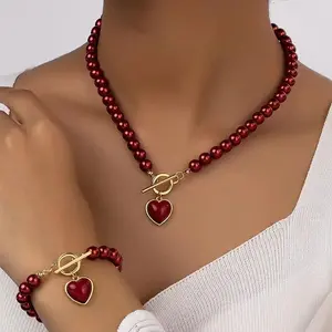 Red Pearl Necklace Bracelet Set for Women, Gold Plated Toggle Clasp Heart Pendant Choker, Elegant Vintage Jewelry Gift for Valentine's Day