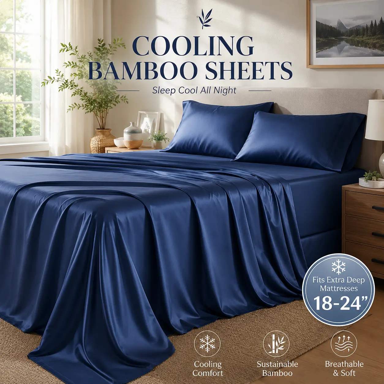 Jollyvogue Extra Deep Pocket Bamboo Sheets - 6 Pcs Breathable & Cooling Bamboo Bed Sheet Set, Hotel Luxury Fitted Sheet Set, Soft Wrinkle-Free & Machine Washable For Extra Deep Mattresses, Room Decor, Full/Queen/King Size Sheet & Pillowcase Sets