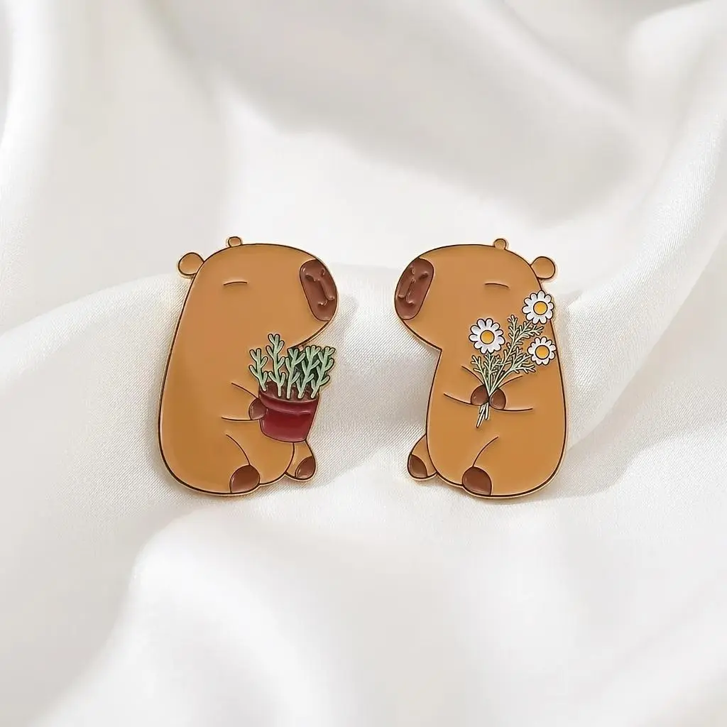 Capybara Brooch, Cute Cartoon Animal Pin with Floral Design, KC Gold Plated Collectibles for Women, Costume Accessory Gift