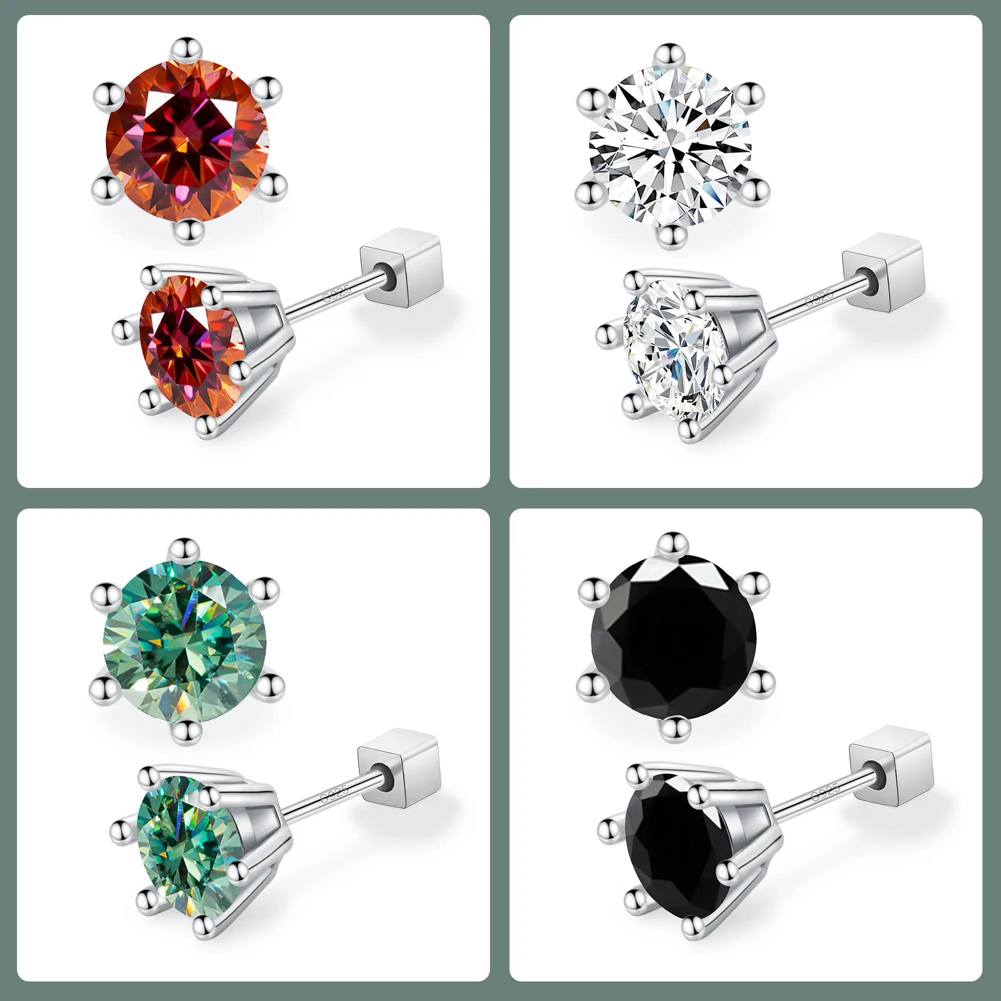 【#23】Classic Six-prong 0.5-1ct Synthetic Moissanite Stud Earrings, Plum blossom Cut Color Moissanite Earrings for Women with Certificate of Authentici