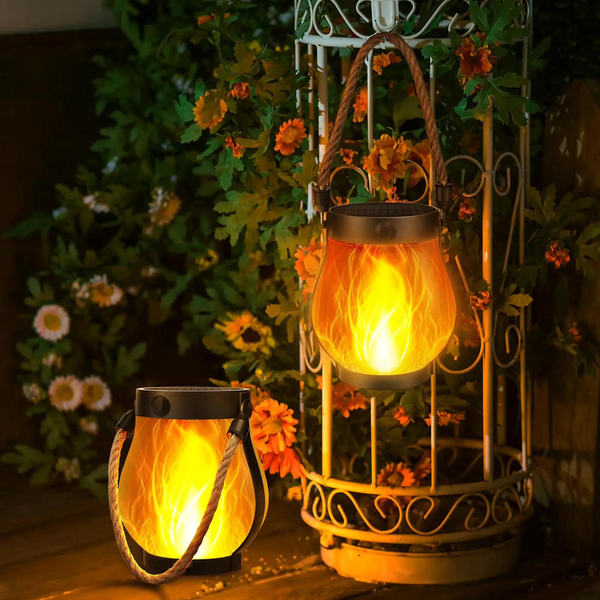 2-Pack Halloween Solar Flame Lanterns - Waterproof Hanging Outdoor Patio Lights, Solar & USB Charging, Warm White Flame Effect, Garden Decor for Halloween Yard