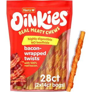 Hartz New Oinkies Bacon Wrapped Twists, Real Meaty Chews with 100% Real Bacon and No Beefhide, 28 Count
