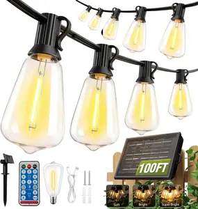 100FT Solar String Lights Outdoor with Remote, 30+2 Shatterproof ST38 LED Solar Patio Lights Waterproof, 8 Lighting Modes for Backyard, Garden, Porch, Fence, Bistro, Pergola, Market Decor