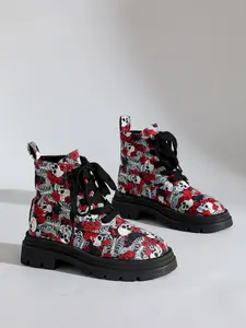 Dark Skull Rose Full Print Thick Sole Boots, Sweet Punk Lace-Up Platform Short Boots, European Streetwear Slimming Work Boots