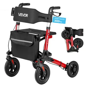 VEVOR Rollator Walker with Seat for Seniors, Ultra Compact 3-Fold Rolling Walker, Lightweight Aluminum Mobility Walking Aid with PU Solid Wheels, Adjustable Handle, Cup & Cane Holder - Supports 300LBS