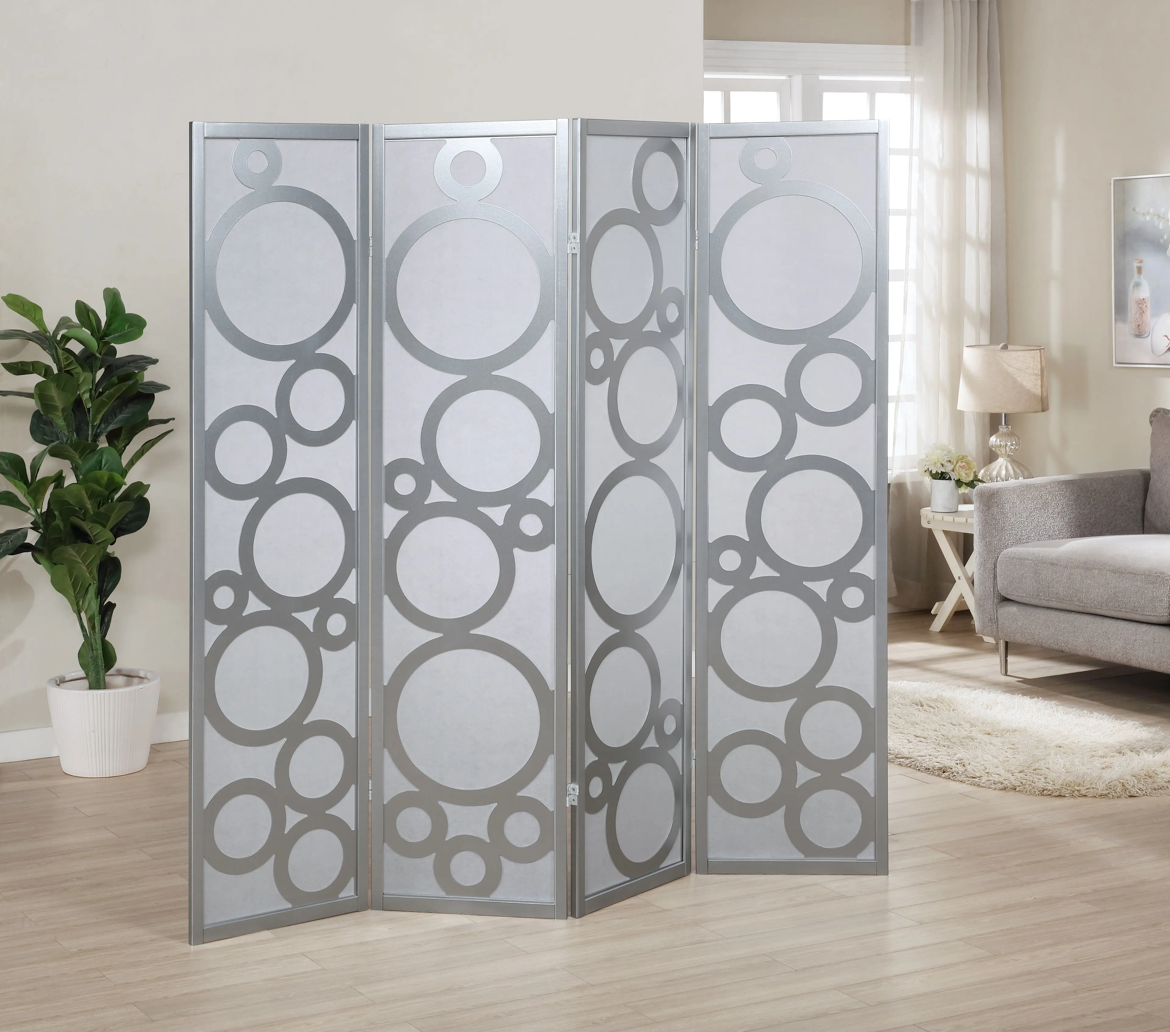 Arvada 4-Panel Wood Room Divider with Circle Pattern, Silver Room Separator Room Divider Panels