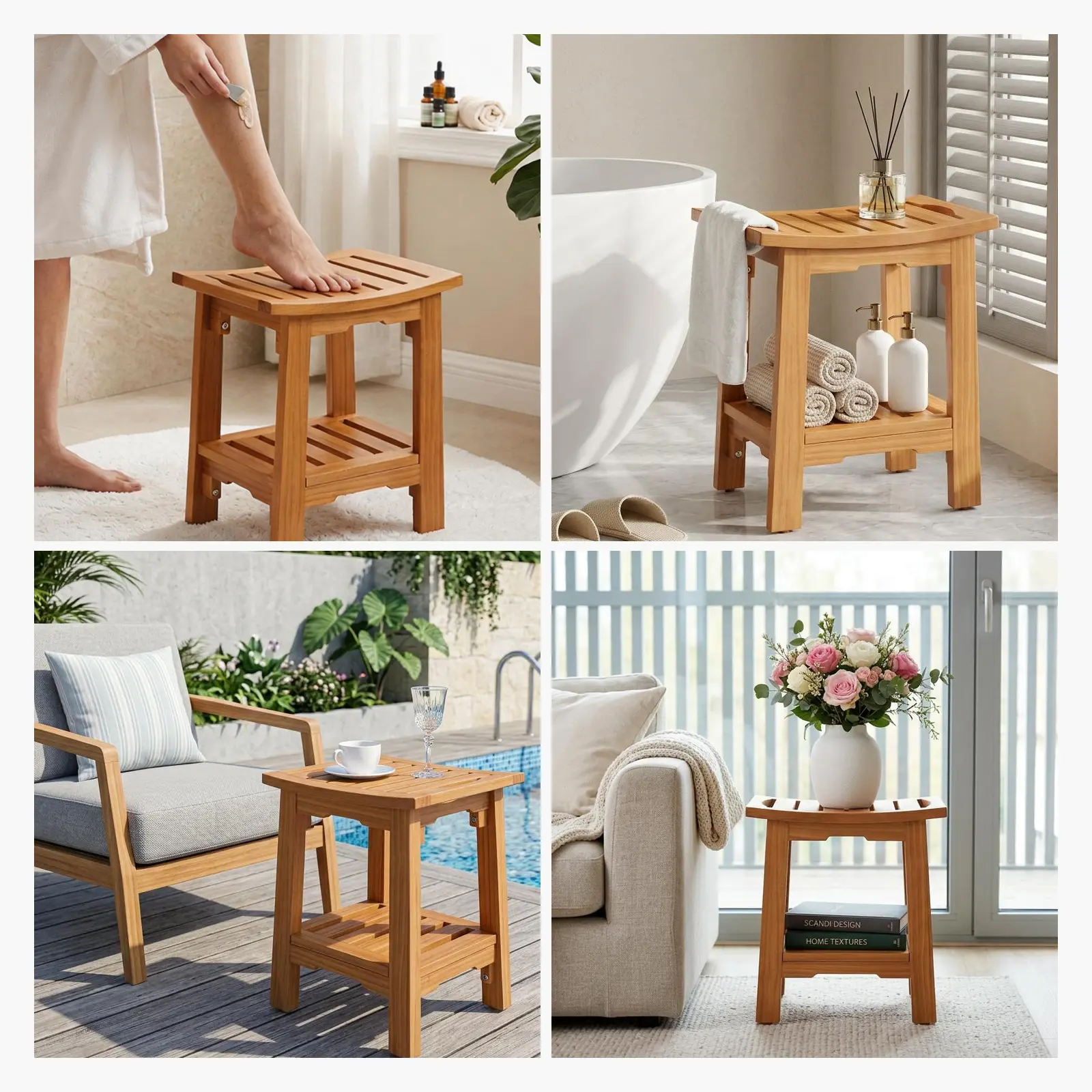 18-inch solid wood bathroom stool, featuring a wooden seat suitable for use in the shower and vanity area