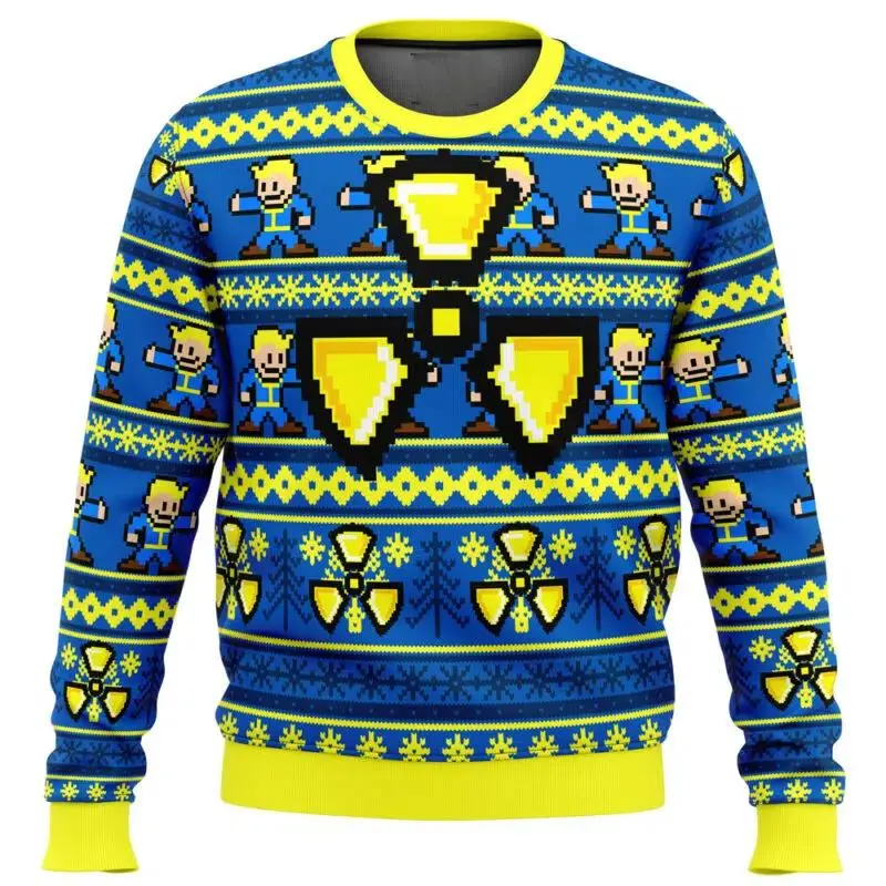 [HOT UGLY] Vault Boy Nuclear Ugly Christmas Sweater – Funny Fallout Inspired Holiday Jumper with Bright Yellow Radiation Symbols and Pixel Vault Boy Design, Perfect for Gamers and Wasteland Fans!