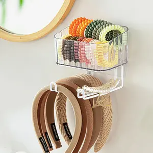 Adhesive Clear Hanging Headband Organizer Wall, Makeup Storage Box with Brackets Rack Caddy for Hair Headband Jewelry Clips Pins Rings