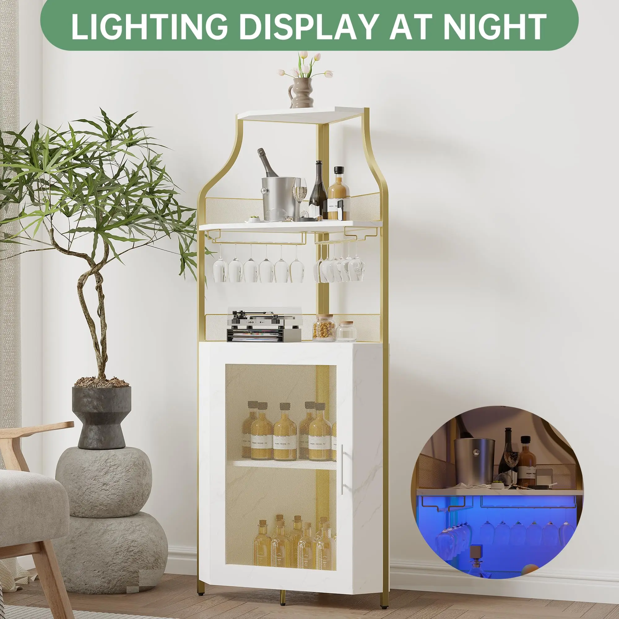 Garvee and Garvee Industrial Corner Bar Cabinets with 5-Tier Wine and Liquor Storage, Adjustable Shelves, LED Lighting, Glass Holders, Mesh Doors, Drawers, and Bottle Racks for Kitchen, Dining, and Home Bars