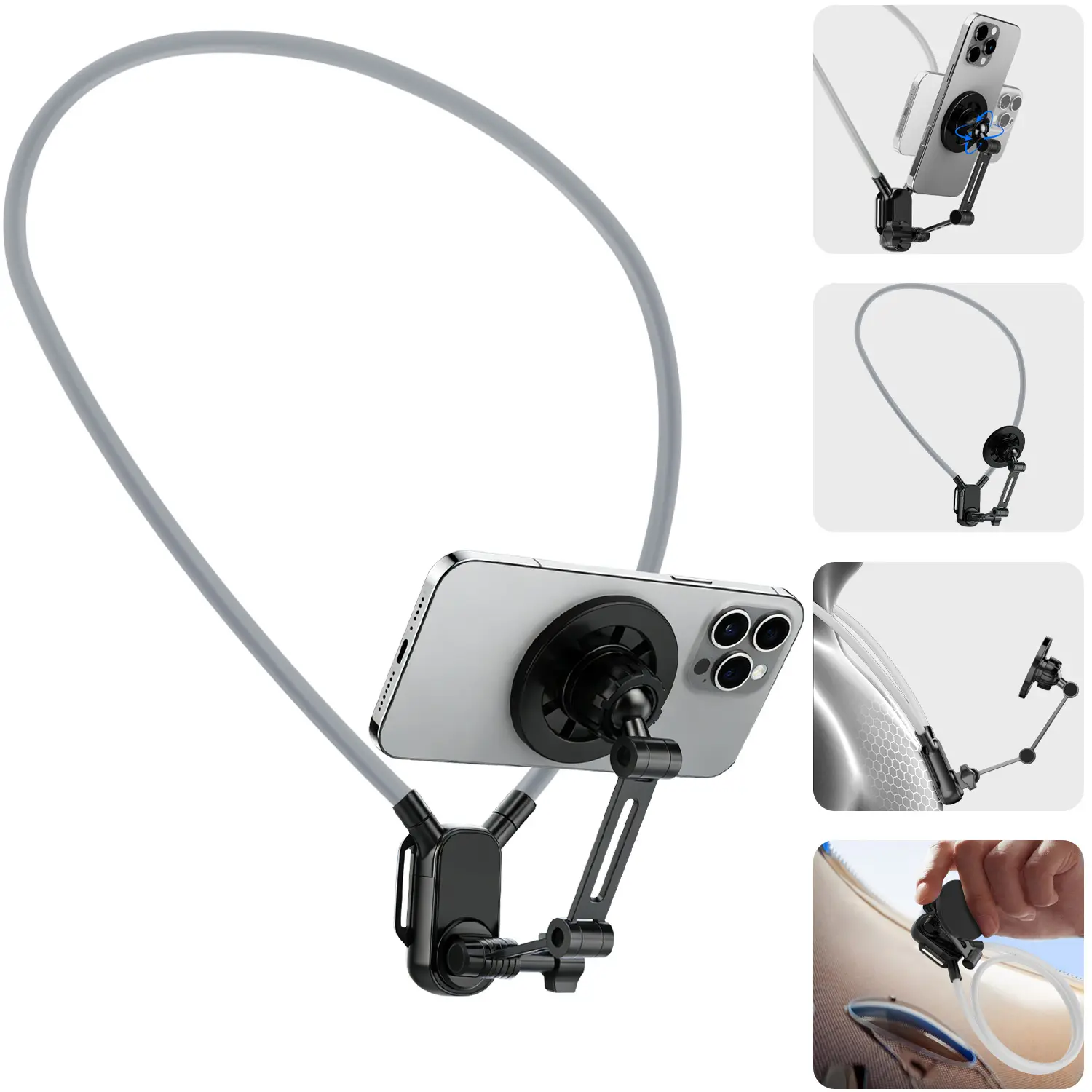 Neck Phone Holder Magnetic & Clip-On Version - Hands-Free Wearable Mount for First Person View Shooting, 360° Rotatable Anti-Shake Outdoor Vlog Accessories for Cycling, Hiking and Travel